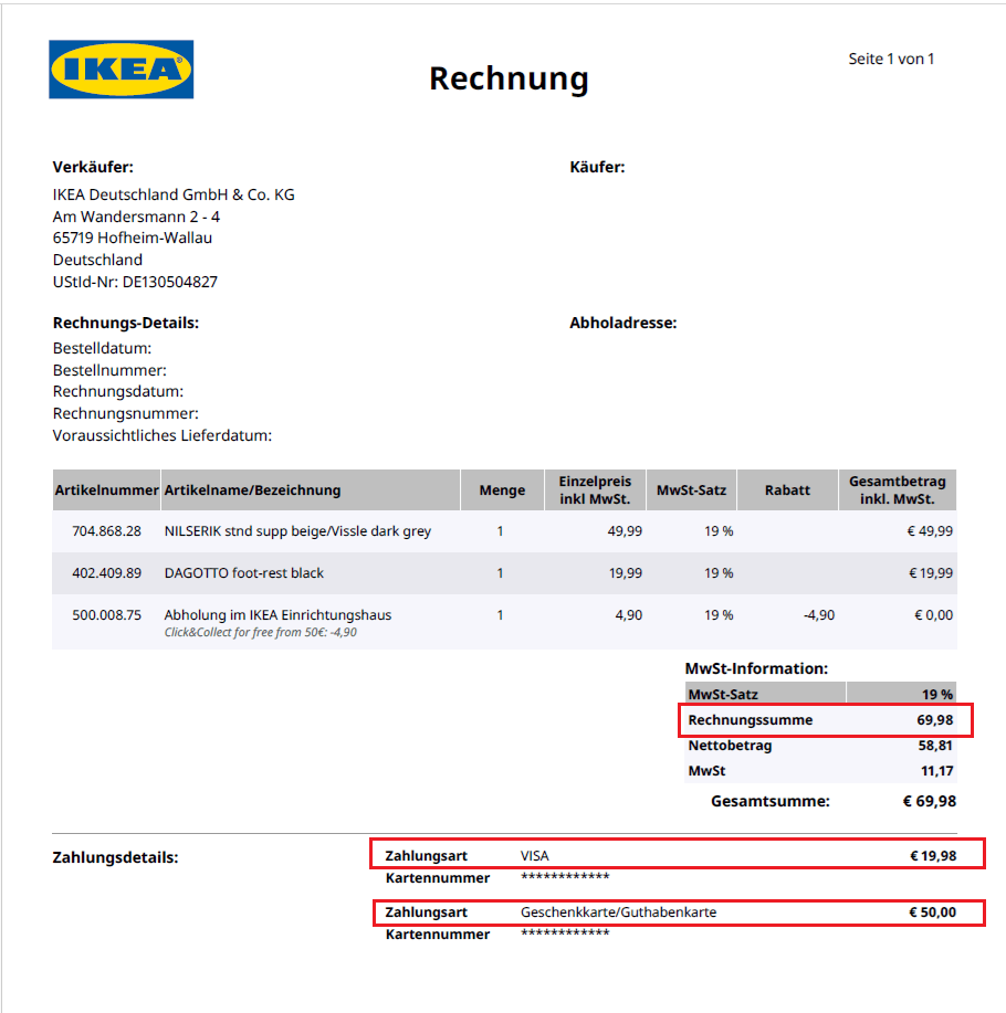 Ikea Online-Shop mit eingelöstem Gutschein