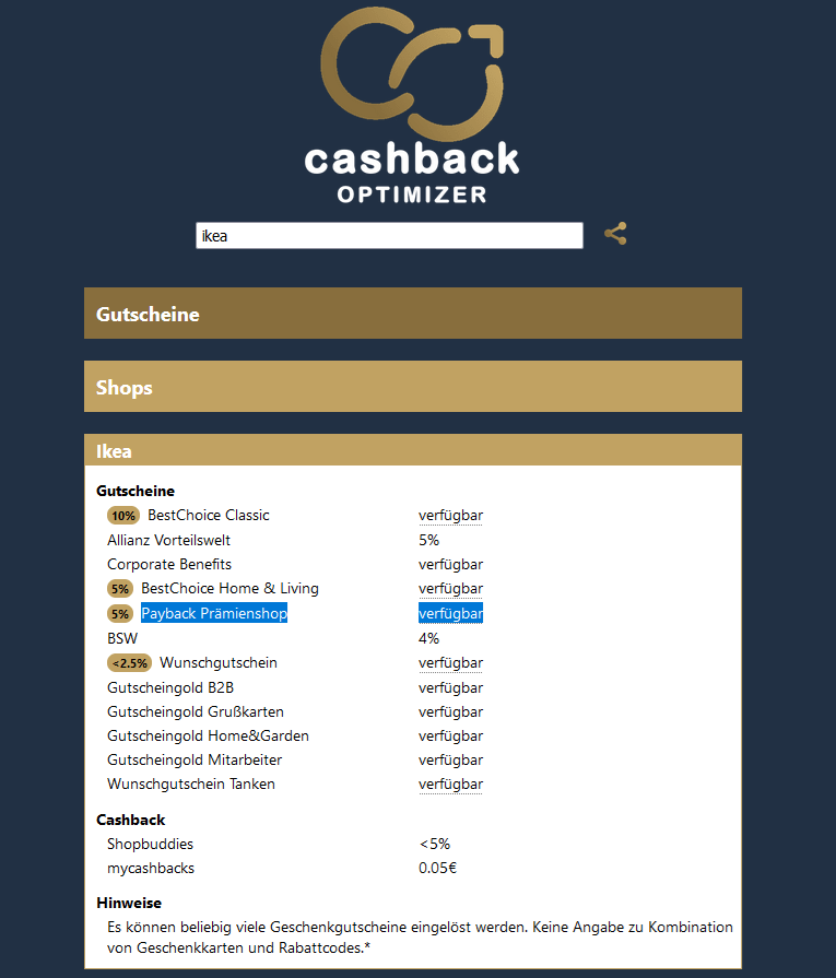 Cashback Optimizer Ikea