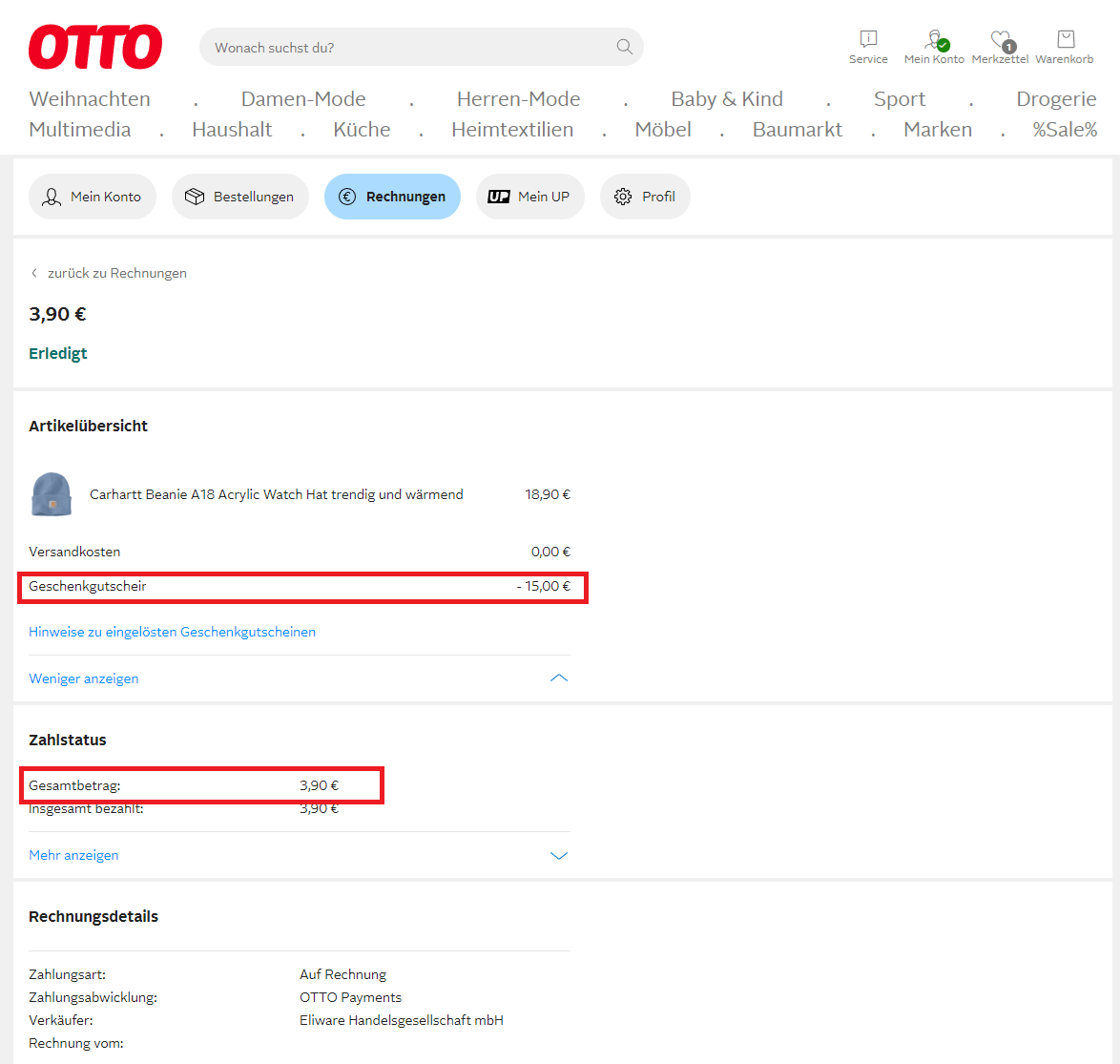 OTTO Online-Shop mit eingelöstem Gutschein