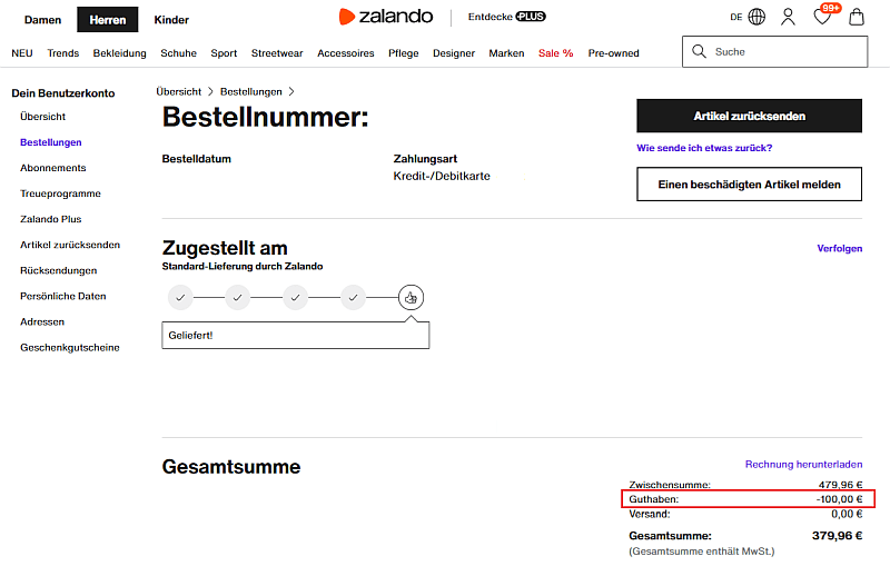 Zalando mit eingelöstem Gutschein